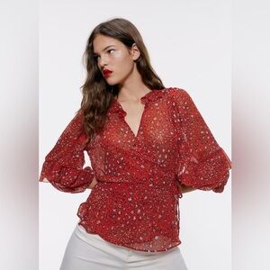 Zara Red Floral Wrap Blouse